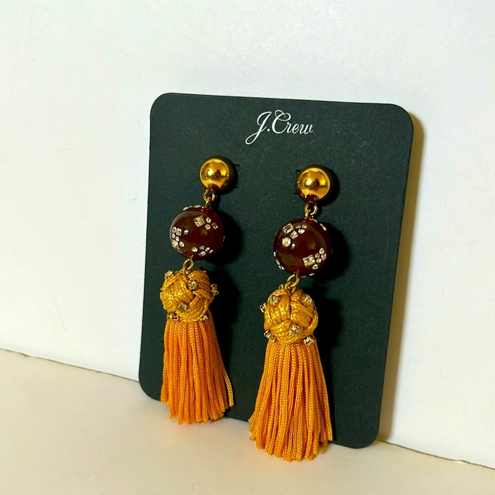 NEW J. Crew Crystal-Studded Brown Bead Gold Tassel Fringe Earrings Style G3478